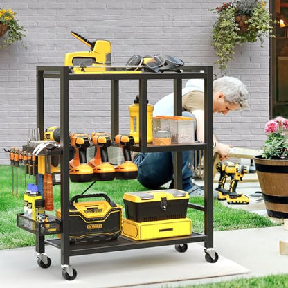 MAHANCRIS Power Tool Organizer, Power Tool Cart with Wheels, Garage Storage Organization, 6-8 Drill Rack Shelf Tool Holder, Rolling Tool Cart Mobile Open Tool Chest Cabinet Box for Workshop TCHR9901