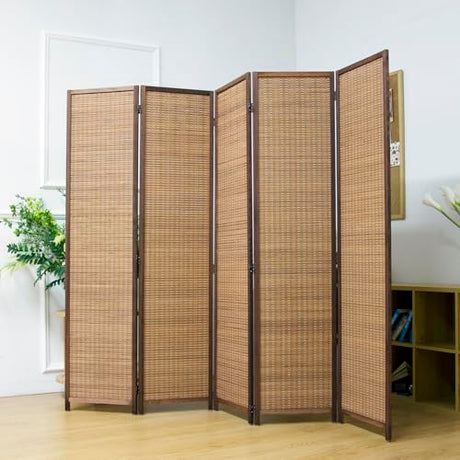 Pawlabay 5 Panel Bamboo Room Divider Screen,5.6 FT Tall Bamboo Divider Folding Privacy Screen,Freestanding Panel Divider for Room Seperation,Brown PawlaBay