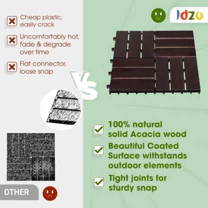 Idzo Interlocking Deck Tiles - 10PCS Waterproof Acacia Wood Patio Tiles, Floor Tiles for Balcony, Backyard, Indoor and Outdoor use - Decking Checker Pattern, 12 x 12 x 0.9 Inches, Dark Brown