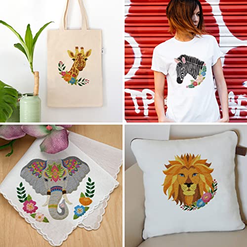 ORIGACH 4 Pcs Wild Animal Embroidery Starters Kit for Beginners, Zebra Lion Elephant Giraffe Embroidery Stitch Practice kit Include Embroidery Cloth, Embroidery Hoops, Threads and Needles