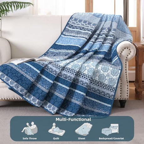 WONGS BEDDING Boho Quilt Set Queen Size, Navy Blue Bohemian 3 Pieces Quilt Sets, Lightweight Microfiber Bedspread Coverlet Bedding Set for All Season (96"x90") WONGS BEDDING