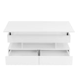 KUVADAZ 39.3" Lift Top Coffee Table with 2 Drawers and LED Lights, Modern Rectangular High-Gloss Center Table Cocktail Tea Table with Lift-Top and Hidden Space for Living Room Apartment White KUVADAZ