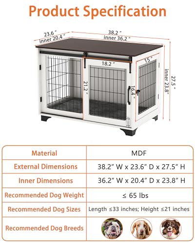 Piskyet Dog Crate Furniture Barn Door Dog Crate for Large Dogs Up to 60 lbs,Sliding Door Dog Crate Modern Decorative End Side Table Nightstand Piskyet