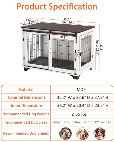 Piskyet Dog Crate Furniture Barn Door Dog Crate for Large Dogs Up to 60 lbs,Sliding Door Dog Crate Modern Decorative End Side Table Nightstand - WoodArtSupply