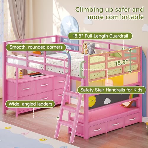 Dnxao Low Twin Loft Bed with Desk,9 Storage Drawers,Kids Loft Bed with 15.8" H Safety Guardrail,Twin Bed Frames for Kids with LED Lights and Charging Station,Under-Bed Play Space,Pink Dnxao