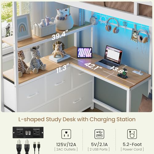 DICTAC Bunk Bed with L-Shaped Desk,5 Storage Drawers and 2 Shelves Metal Twin XL Over Twin Bunk Bed with LED Lights and Charging Station,bunk Beds with Safety Guardrail & Ladder,Space-Saving,White DICTAC