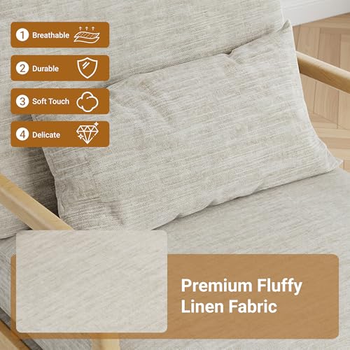 Claiks Mid-Century Modern Accent Chair, Living Room Armchair with Solid Wood Frame & Lumbar Pillow, Comfy Upholstered Lounge Chair for Bedroom, Office, Linen-Like Fabric, Light Gray Claiks