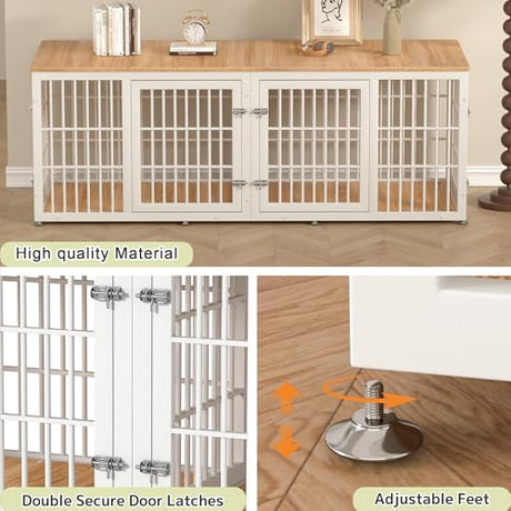 rehomerance 78 Inch Double Dog Crate Furniture, Heavy Duty Extra Large Cage Furniture with Divider for 2 Dogs, Decorative Wooden Kennel Indoor, Pet House for Large and Medium Dogs, White rehomerance