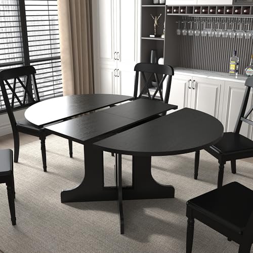 Henf 5 Piece Round Extendable Dining Table Set for 4, 43"-59" Wood Oval Expanding Kitchen Table with 4 Chairs, Space Saving Extendable Dining Room Tables with Pedestal Base (Black & Gray) Henf