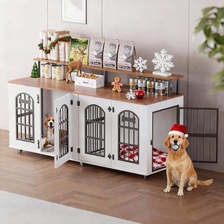 Petrova 63" Dog Crate Furniture for 2 Dogs, Heavy Duty Indoor Dog Kennel for Medium/Large Dogs, Wooden Dog Cage with Removable Divider, 6 Lockable Wheels, Storage Compartment, White Petrova