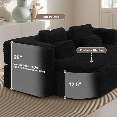 IZLKQC 75'' Folding Sleeper Sofa Bed, Convertible Memory Foam Boneless Couch, Foldable Full Size Guest Bed, Modern 2-in-1 Futon Floor Sleeper Sofa with 4 Pillows and Blanket (Corduroy, Black) IZLKQC