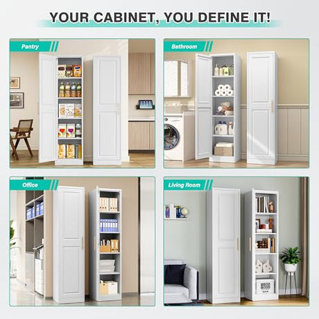 SISESOL 71" Tall Narrow Storage Cabinet with 1 Door and 5 Shelves,Slim Kitchen Pantry Cabinet,White Metal Bathroom Cabinets,Large Cupboard for Home,Kitchen,Laundry,Bathroom SISESOL