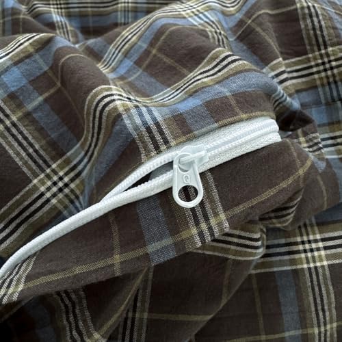 DONEUS Buffalo Plaid Duvet Cover Set 100% Washed Cotton Natural Linen Like Super Soft Comfy 3 Piece Brown Blue Gingham Checkered Bedding Set with Zipper Closure (Queen 90"x90", for All Seasons) DONEUS