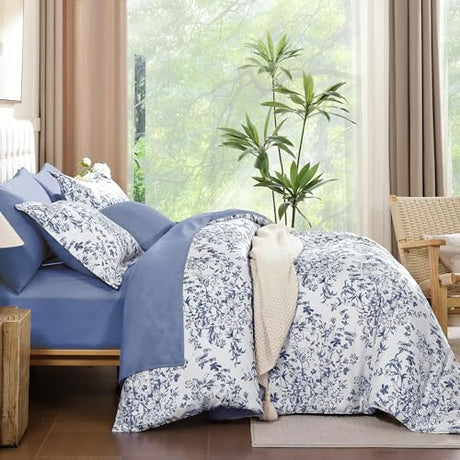 WONGS BEDDING Blue Floral Comforter Set Queen Size, 8 Pieces Flower Botanical Bed in a Bag Bedding Set, Soft Microfiber Comforter, Sheets, Pillowcases & Shams (90"x90") WONGS BEDDING