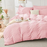 HYMOKEGE Pink Queen Comforter Set Seersucker 7 Pieces, All Season Luxury Bed in a Bag for Bedroom, Bedding Set with Comforters, Sheets, Pillowcases & Shams HYMOKEGE