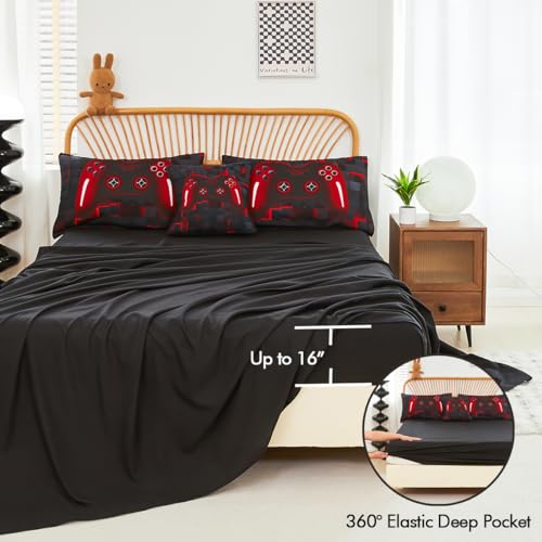 PERFEMET 6-Piece Boys Comforter Set Full Size Game Console Bedding Set for Kids Teen 3D Black and Red Gamepad Gaming Bed in a Bag Matching Sheet Set(Red, Full) PERFEMET