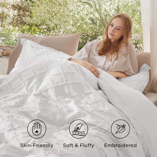 Bedsure Boho Duvet Cover Queen Size - White Breathable & Soft Boho Bedding, Machine Washable Comforter Cover for All Seasons, Includes 1 Duvet Cover 90"x90" with 2 Pillow Shams & Zipper Closure Bedsure