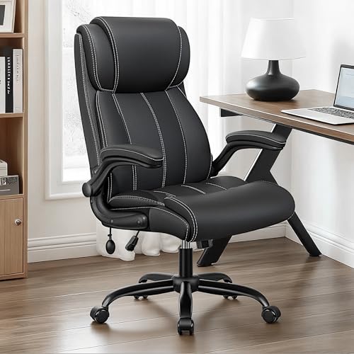 BESTFAIR Ergonomic Office Chair - Desk Computer Chair, Leather High Back Executive Chairs with Adjustable Lumbar Support & Flip Up Arms, Rocking, Black BESTFAIR