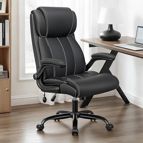 BESTFAIR Ergonomic Office Chair - Desk Computer Chair, Leather High Back Executive Chairs with Adjustable Lumbar Support & Flip Up Arms, Rocking, Black BESTFAIR