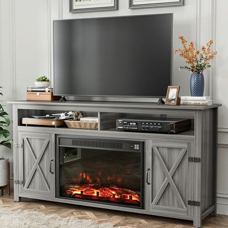 YESHOMY Fireplace TV Stand for Television up to 65+ Inch with Storage and Farmhouse Barn Doors, Entertainment Center with Cabinet and Shelves, Media Console for Living Room, Gray Wash YESHOMY