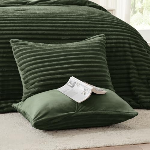 EXQ Home Fluffy Comforter Set Twin Size - Super Soft Faux Fur Stripe Jacquard Comforter 3 Pieces, Olive Green Fleece Bedding Set,Winter Warm Bed Set,1 Comforter with 1 Pillowcase EXQ Home