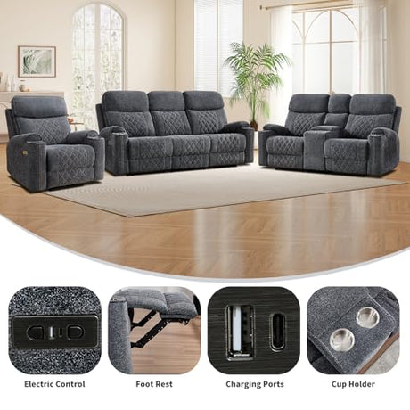 EBELLO Power Recliner Chair, Electric Fabric Reclining Sofa with Cup Holders, USB Type-C Charging Ports, for Small Living Room, Bedroom and Meeting Room, Grey EBELLO