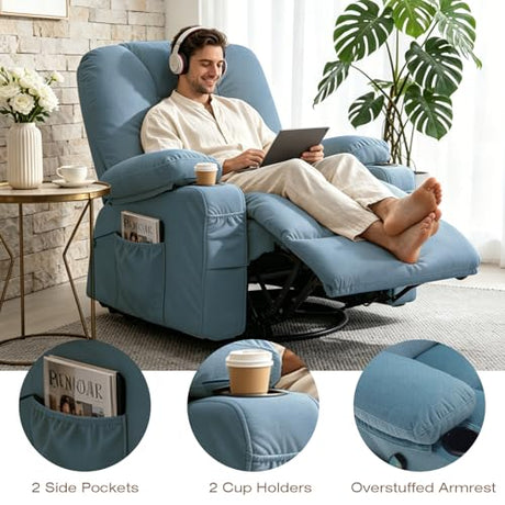 REFICCER Rocker Recliner Chair with Massage and Heat, Fabric Overstuffed Swivel Recliners Glider with Cup Holder Side Pocket, Rocking Reclining Sofa Chair for Adults Living Room, Blue REFICCER