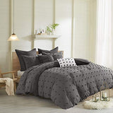Intelligent Design Cotton Comforter Set - Jacquard Tufts Pompom Design All Season Bedding, Matching Shams, Decorative Pillows, King/California King (104 in x 92 in), Charcoal 7 Piece Intelligent Design