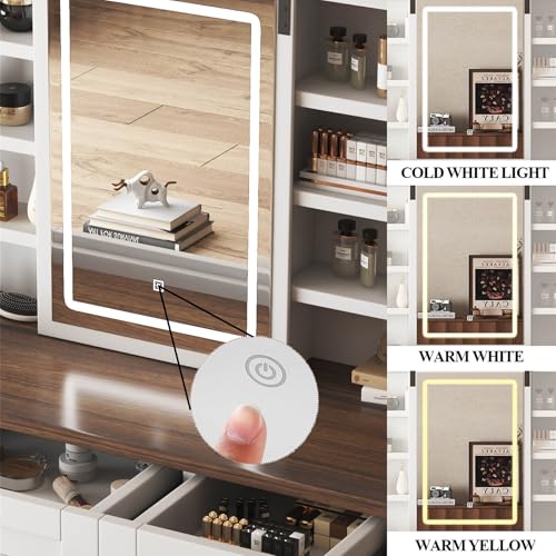 Farmhouse Vanity Desk with Mirror and Lights, 42" W Makeup Vanity Desk with Sliding Mirror, Barn Door Vanity with Hairdryer Holder and Charging Station, Large Makeup Vanity with Storage Bench, White HIROHRTV