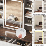 Farmhouse Vanity Desk with Mirror and Lights, 42" W Makeup Vanity Desk with Sliding Mirror, Barn Door Vanity with Hairdryer Holder and Charging Station, Large Makeup Vanity with Storage Bench, White HIROHRTV