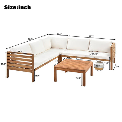 YSWH Exotic Design 4 Pieces Outdoor Patio Furniture Sectional Sofa Sets with Cushions, Eucalyptus Wood Frame with Slatted Tabletop Tea Table and Backrest, Natural Frame + Beige Cushions