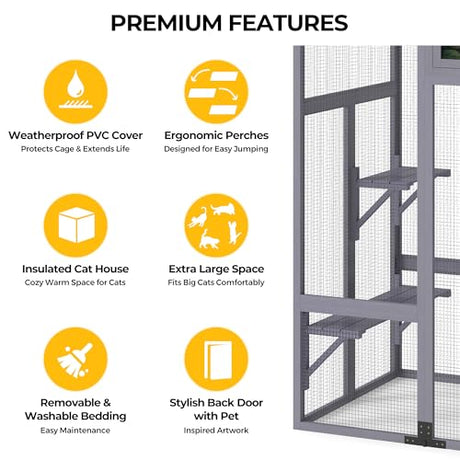 COZIWOW Large Outdoor Cat Cage with Insulated Cat House, 3-Tier Jump Platform, PVC Weatherproof Cover, Removable Cushion, DIY Art Back Door, Wooden Construction, Fits Big Cats, 62.6 x 32.3 x 70 Inches COZIWOW