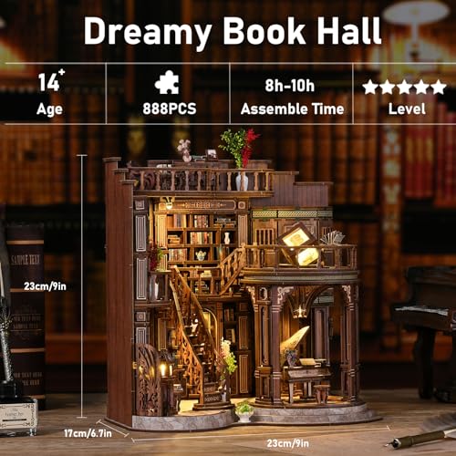 DIY Miniature House Kit, Book Nook Kit, 3D Wooden Puzzles Bookshelf Craft Kits, Dollhouse Kit with LED Light, Mini Building Kit for Adults Teen to Build (Dreamy Book Hall)