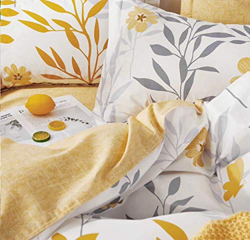 SLEEPBELLA Duvet Cover Queen Size, 600 Thread Count Cotton Grey Branches and Yellow Flower Reversible Comforter Cover(Queen, White Leaf) SLEEPBELLA