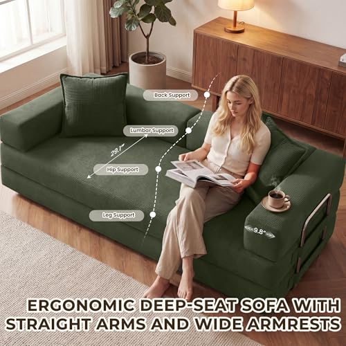 GRUSIGN 78 Inch Convertible Sofa Bed, 5-in-1 Futon Sofa Bed Pull Out Couch, Boneless Couch Bed for Living Room, Corduroy Boneless Couches for Bedroom, Apartment, No Assembly Sleeper Sofa Bed, Green GRUSIGN