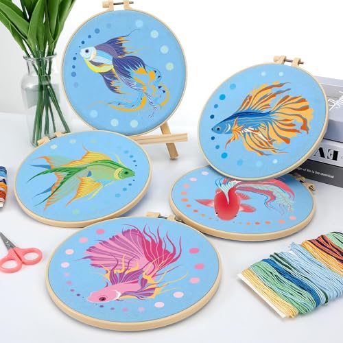 LOADSFUN 5 Pack Embroidery Kit for Beginners - Needlepoint Kits for Adults Step by Step Instructions with Video Tutorials, Full Craft Tool Set with Hoop, Needles and Threads (Goldfish)