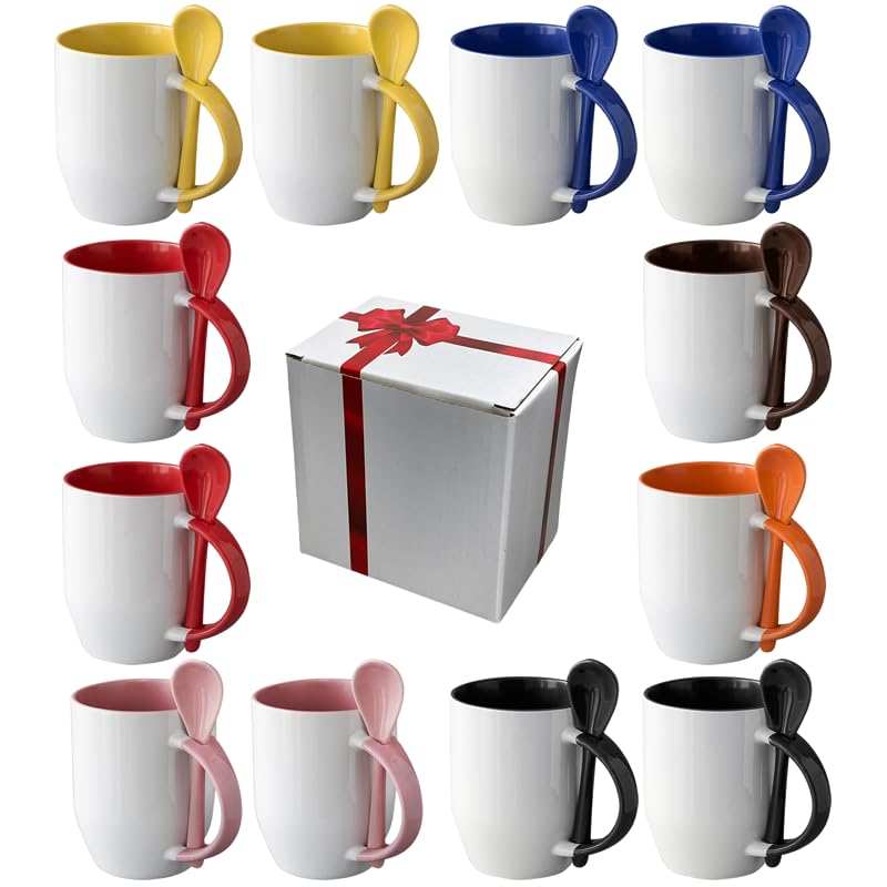 Generic, 12pcs Sublimation 12oz Coffee Mugs With Spoons Blanks, 6 Color to Choose From, Black, Blue, Brown, Orange, Pink, and Yellow. Generic