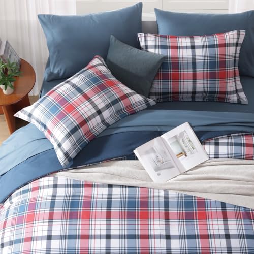 MaiRêve Full Size Plaid Comforter Set Navy Red, Classic 7 Pieces Farmhouse Bedding Set, All Season Lightweight Bed in A Bag with Sheets, Pillowcases & Shams MaiRêve