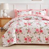 Flower Comforter Sheet Set White Bed in a Bag 7 Pieces Cal King Size Dark Pink Floral Bedding Set (1 California King Comforter 2 Pillow Shams 1 White Flat Sheet 1 Fitted Sheet 2 Pillowcases) UOZZI BEDDING