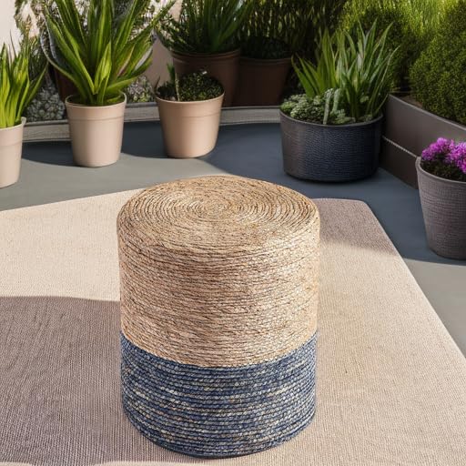 Wimarsbon Natural Seagrass Foot Stool, Hand Weaving Round Ottoman, for Living Room, Outdoor Seat (Natural & Blue) Wimarsbon