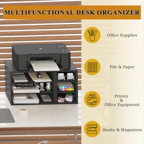MARTY Printer Stand with Storage for Desk Large Desktop Printer Stand Shelf Riser with 6 Storage Compartments Wood Desk Paper Organzier File Organizer for Home/Office, Black MARTY