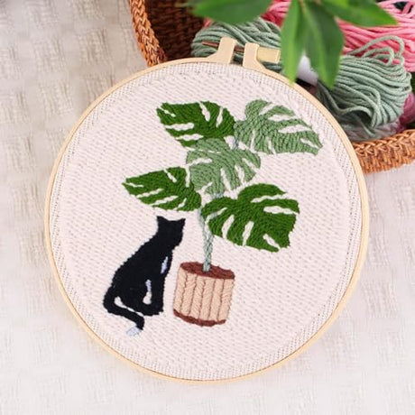 Allazone 3 Set Embroidery Starter Kits for Beginner, Cat Punch Needle Kit with Instruction, Plastic Hoop, Yarns and Embroidery Handle Needle Pen Allazone
