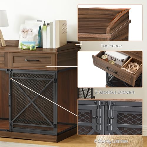 HOOBRO Heavy Duty Dog Crate Furniture, 39.4” Dog Kennel with Drawers, Wooden Dog Cage Indoor Side End Table for Medium Large Dogs, Triple Door Design, Walnut and Black WL106GW03 HOOBRO