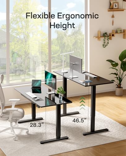 Marsail Glass Electric Standing Desk with Drawer, 48 x 24 Inches Height-Adjustable Desk, One-Piece Tempered Glass Top, Ergonomic Home Office Sit Stand Desk with 4 Preset Heights, Black Marsail