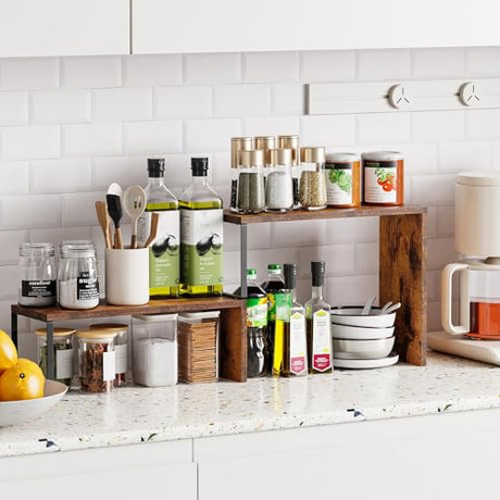 Vfelf Kitchen Countertop Organizer, Spice Rack Cabinet Organizer Shelf Stackable Counter Corner Shelves Organization and Storage for Pantry, Counter top, Coffee Station Wood Rustic Brown Vfelf