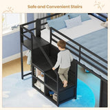 BTHFST Low Loft Bed Twin Size with Stairs & LED Lights, Kids Loft Bed with 7 Storage Drawers & 3 Open Cubbies & Handy Clothes Rail, Twin Loft Bed with Safety Guardrail, Under-Bed Play Area, Black BTHFST