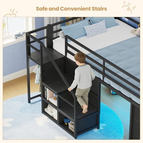BTHFST Low Loft Bed Twin Size with Stairs & LED Lights, Kids Loft Bed with 7 Storage Drawers & 3 Open Cubbies & Handy Clothes Rail, Twin Loft Bed with Safety Guardrail, Under-Bed Play Area, Black BTHFST
