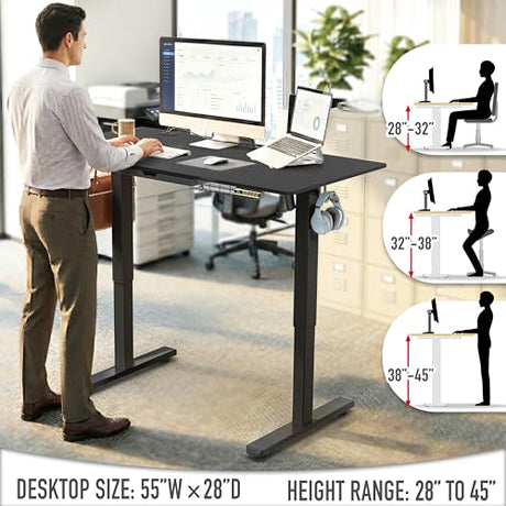 SHW 55 x 28 Inches Electric Height Adjustable Standing Desk with Drawer and Memory Preset, Black SHW
