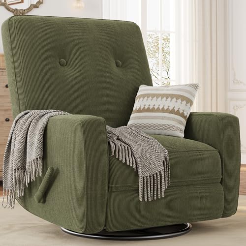 Garvee Nursery Recliner Chair, 360° Swivel Rocking Glider Chair for Adults with Adjustable Backrest & Footrest, Cozy Corduroy Upholstered Armchair for Living Rooms, Bedrooms, Apartments, Green
