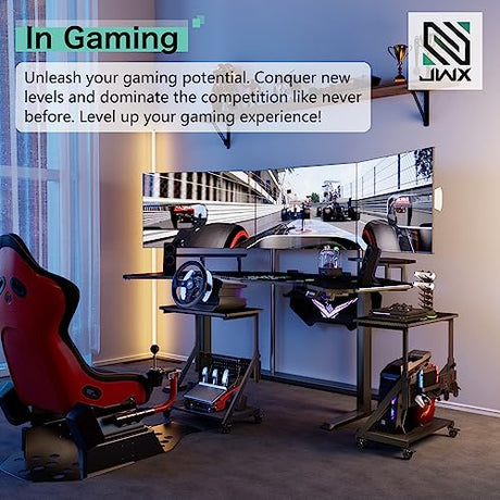 JWX Standing Gaming Desk with Aluminum Alloy Led Lights, 72'' Wing Shaped Large Gaming Studio Music Desk with Slot Design Shelves, for Live Streamer, Social Media Influencer & Music Recording JWX